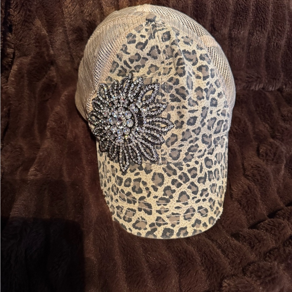 Leopard Print Cap with Rhinestone Flower